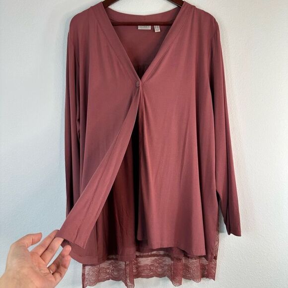 LOGO Lori Goldstein Rose Pink Jersey Cardigan Women’s 1X Mixed Media Lace Back - Picture 4 of 10